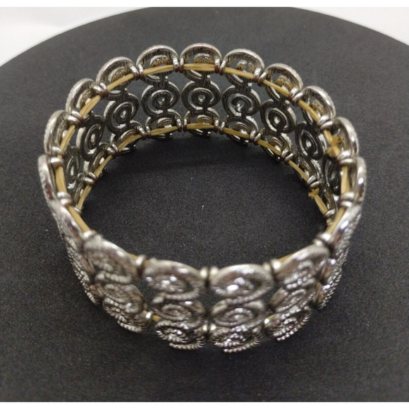 Silver Tone 3 Row Bracelet - Spirals - Stretchy - Picture 4 of 5